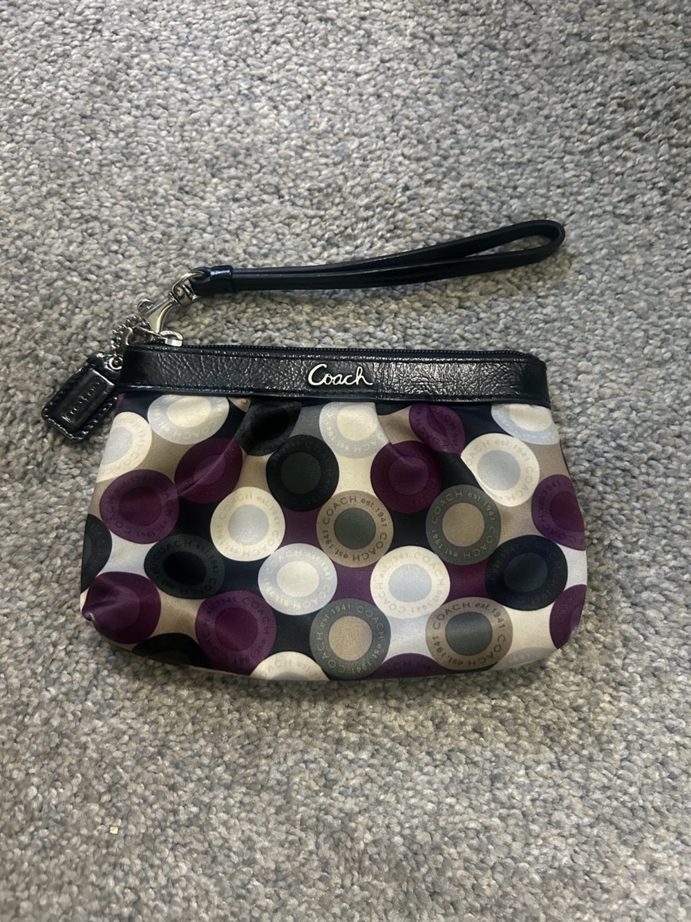 Coach Purple, Black & Cream Circle Print Wristlet